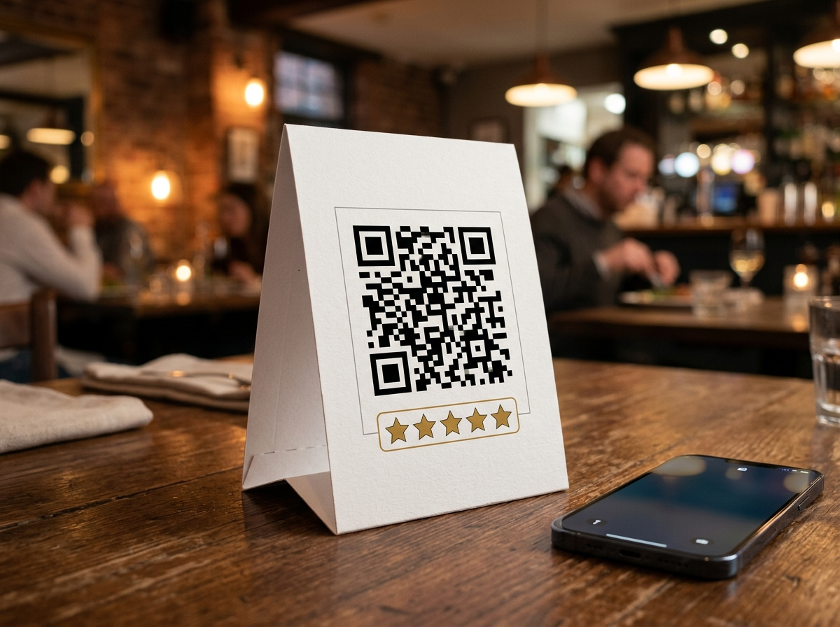 Тейбл тент с QR-кодом для отзывов на столе ресторана